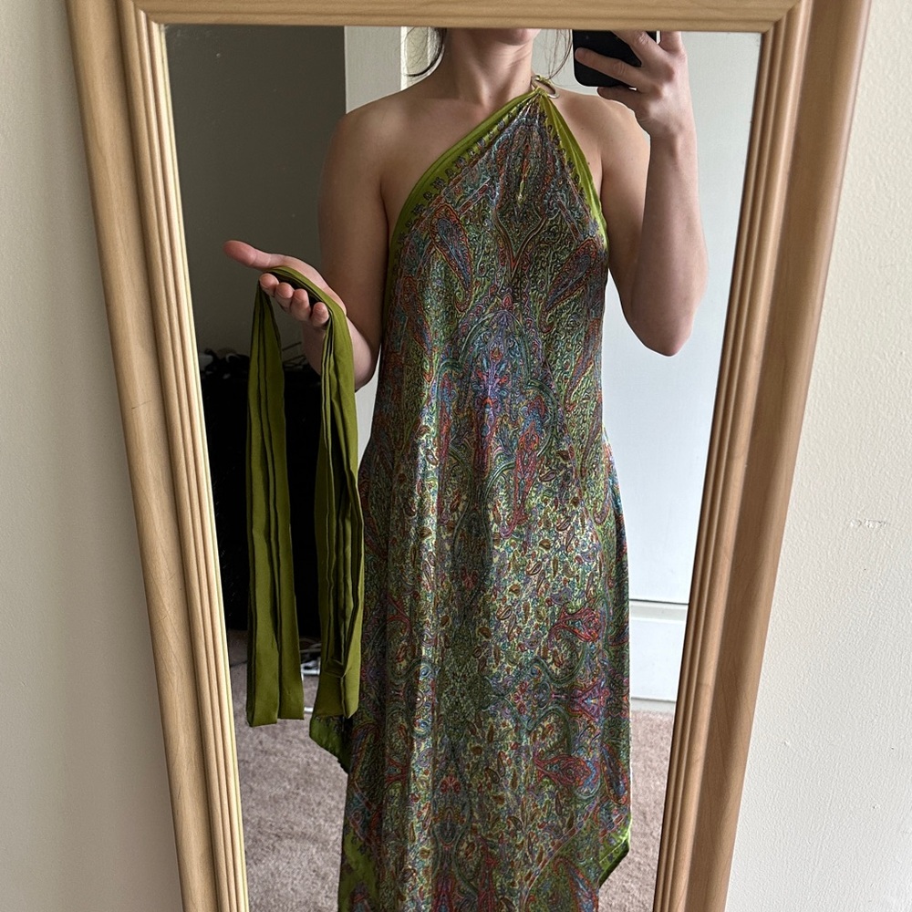 Asymmetrical Green Paisley Halter Silk Dress